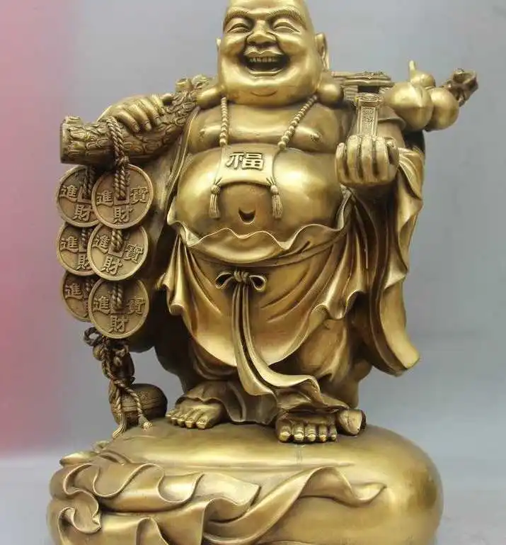 

Tibet Buddhism Copper Bronze Ruyi Wealth Money Bag Gourd Maitreya Buddha Statue
