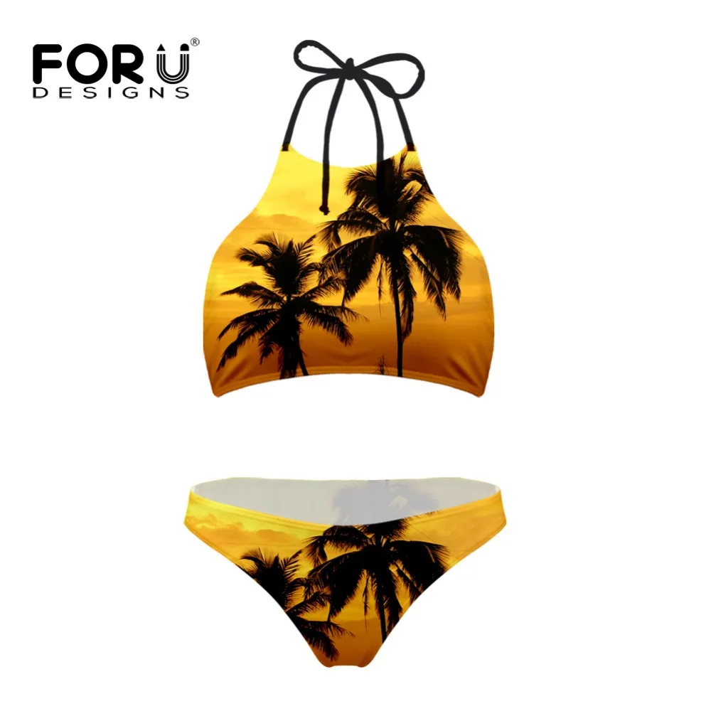 FORUDESIGNS Palm Tree Pair Bikini Sets for Women High Neck Low Waist