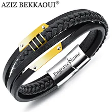 AZIZ BEKKAOUI мужские браслеты из нержавеющей стали черный кожаный браслет выгравированное имя браслет в стиле панк модное Ювелирное Украшение
