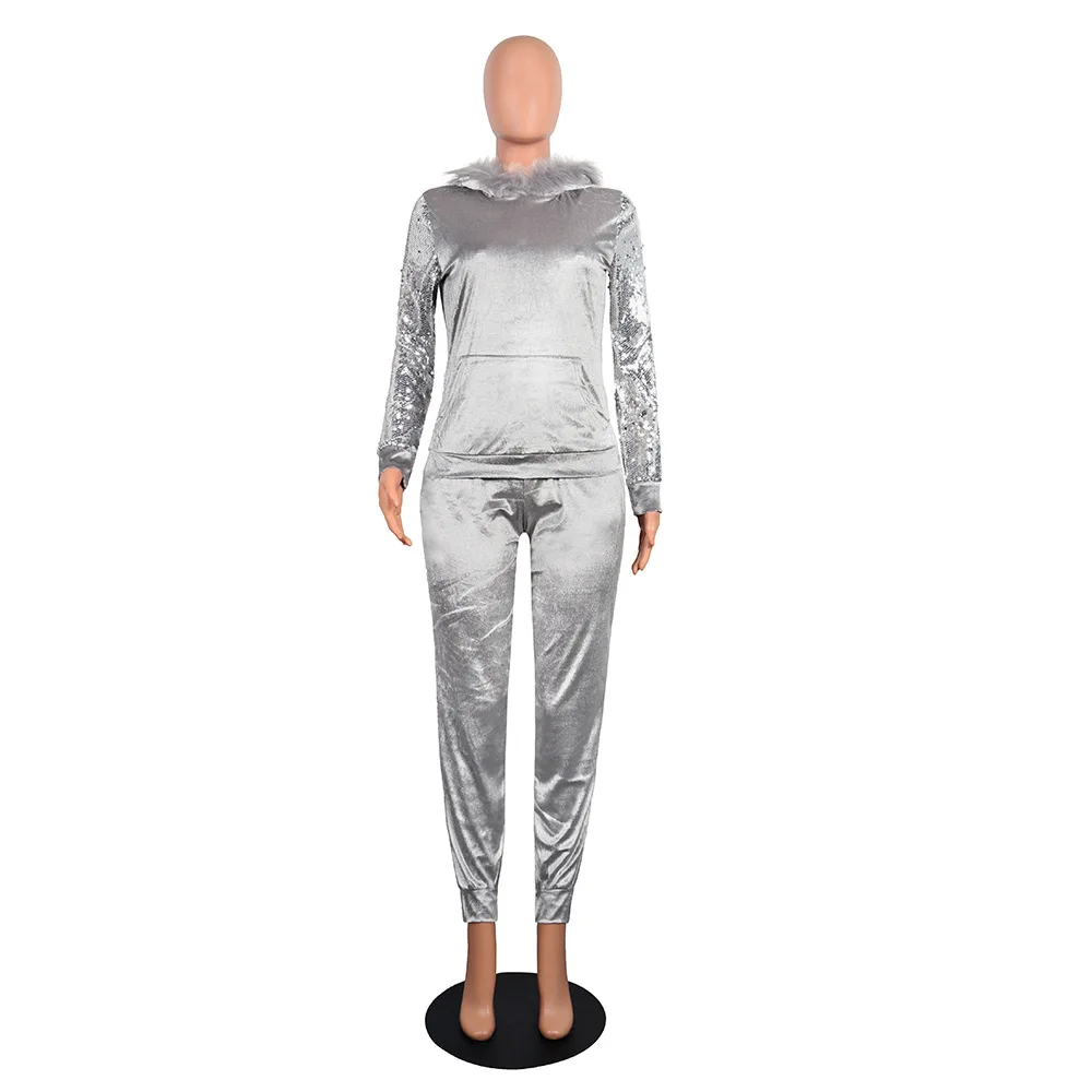 HAOYUAN Бархатный спортивный костюм из двух предметов; осенне-зимняя одежда; плюшевые толстовки с блестками; топы и брюки; Спортивный костюм; велюровые Женский комплект 2 шт - Цвет: Серый