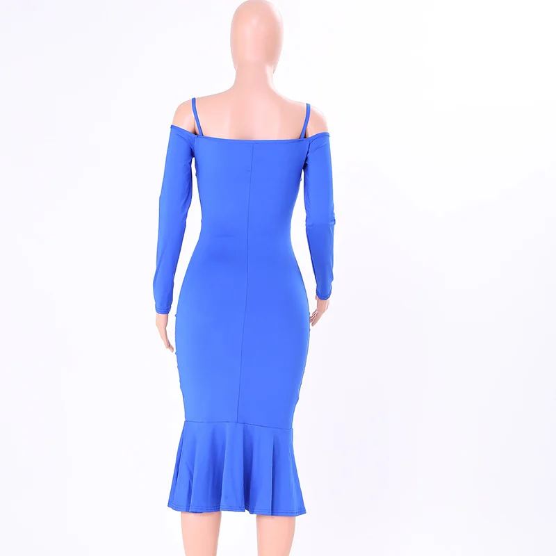 Kostlich Spaghetti Strap Long Sleeve Ruffles Mermaid Party Dresses Slash neck Bodycon Sexy Women Midi Dress 6 Colors Clothing (20)