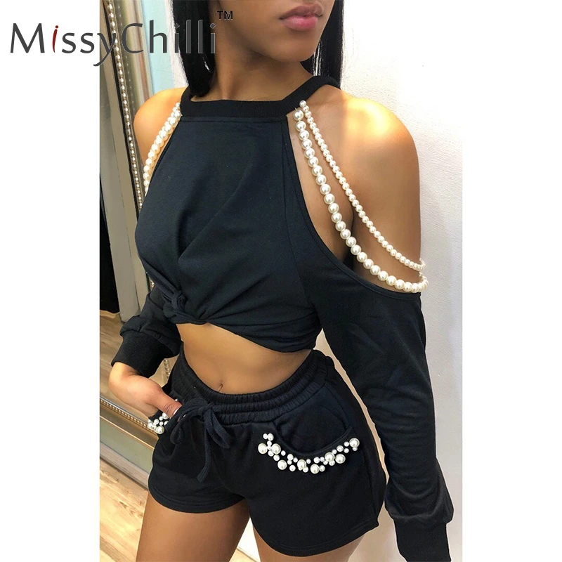 MissyChilli Black off shoulder halter pearl sexy jumsuit rompers Women summer two piece set Playsuit long sleeve club overalls