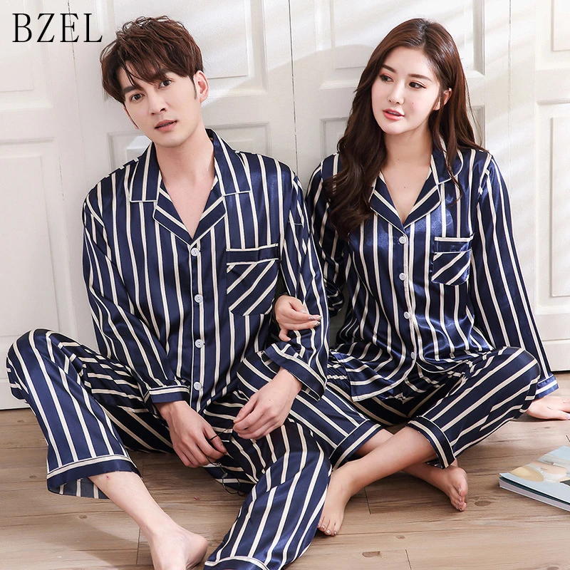 

BZEL Couple Pajama Sets Silk Satin Pijamas Striped Sleepwear His-and-her Home Suit Pyjama For Lover Man Woman Lovers' Clothes