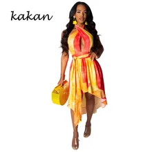 Kakan halter sexy pendurado no pescoço topless vestido das mulheres verão 2019 new best selling moda costura vestido estampado