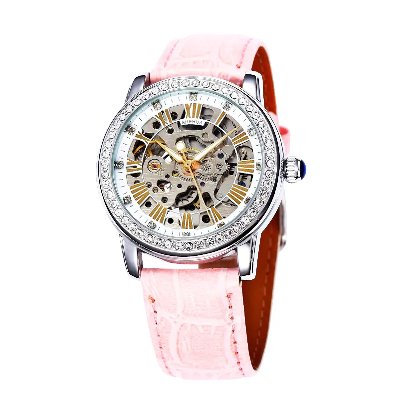 SHENHUA Watch Women Automatic Waterproof Top Brand Mechanical Watches Pink Self Wind Leather Hollow Clocks Elegant Ladies Watch new men s belt body automatic no buckle belt men fashion belts for high quality ladies 3 5cm