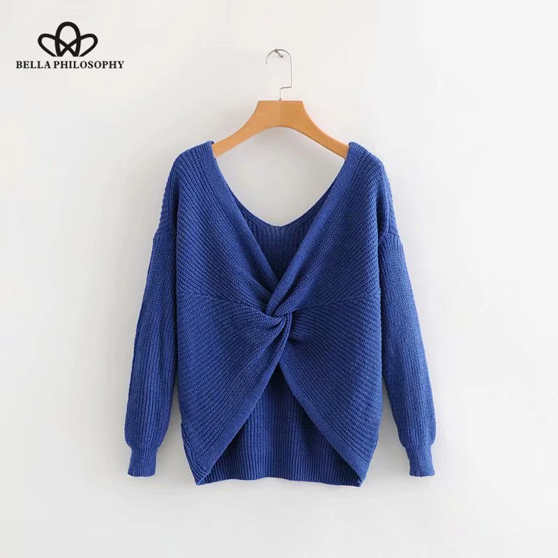 Wonder 2018 new Autumn Winter V-Neck Solid Women Short Sweater Long Sleeve Cross Knotted Panel Sweater Casual Lady Pullovers