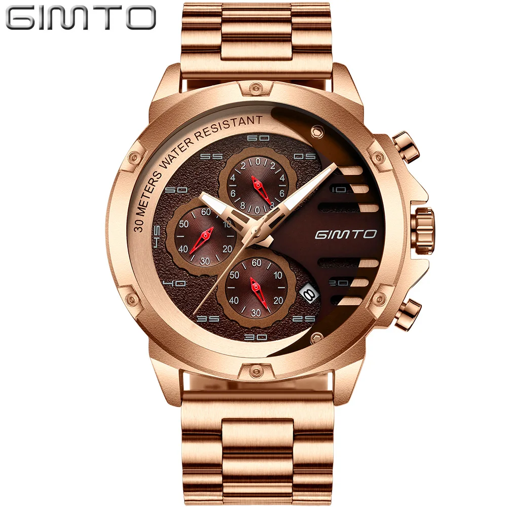 

GIMTO Creative Cool Design Men Watch Chronograph Quartz Clock Male Black Gold Stainless Steel Military Sport Relogio Masculino