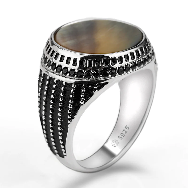 

925 Sterling Silver Men Ring Unique Technology Pattern Shell Polishing Stone with Black Ring for Male Jewelry