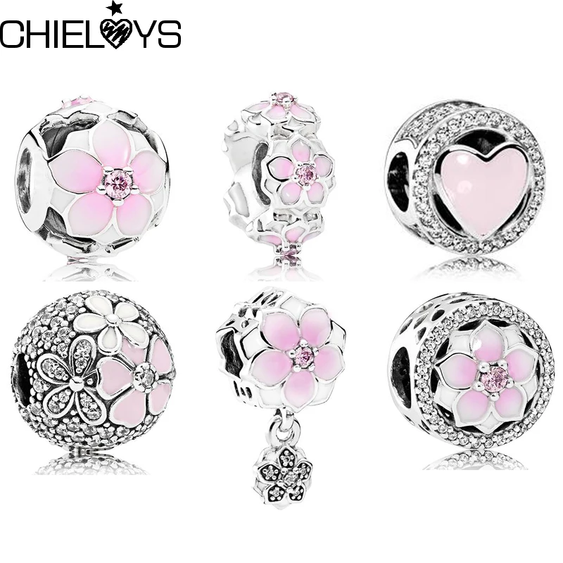 

2Pcs Magnolia Bloom Charm Series featuring clear cubic zirconia stones and white, soft pink enamel Fit DIY Brand Bracelet