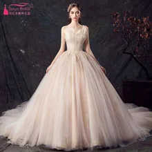 TANYA BRIDAL изысканное и роскошное бальное платье свадебное платье Золотое кружевное бежевое свадебное платье из тюля DQG846