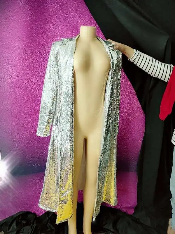 Модное женское длинное пальто без пуговиц с блестящими блестками для певицы, ночного клуба, концерта, сценического выступления, серебристый Плащ, танцевальный костюм
