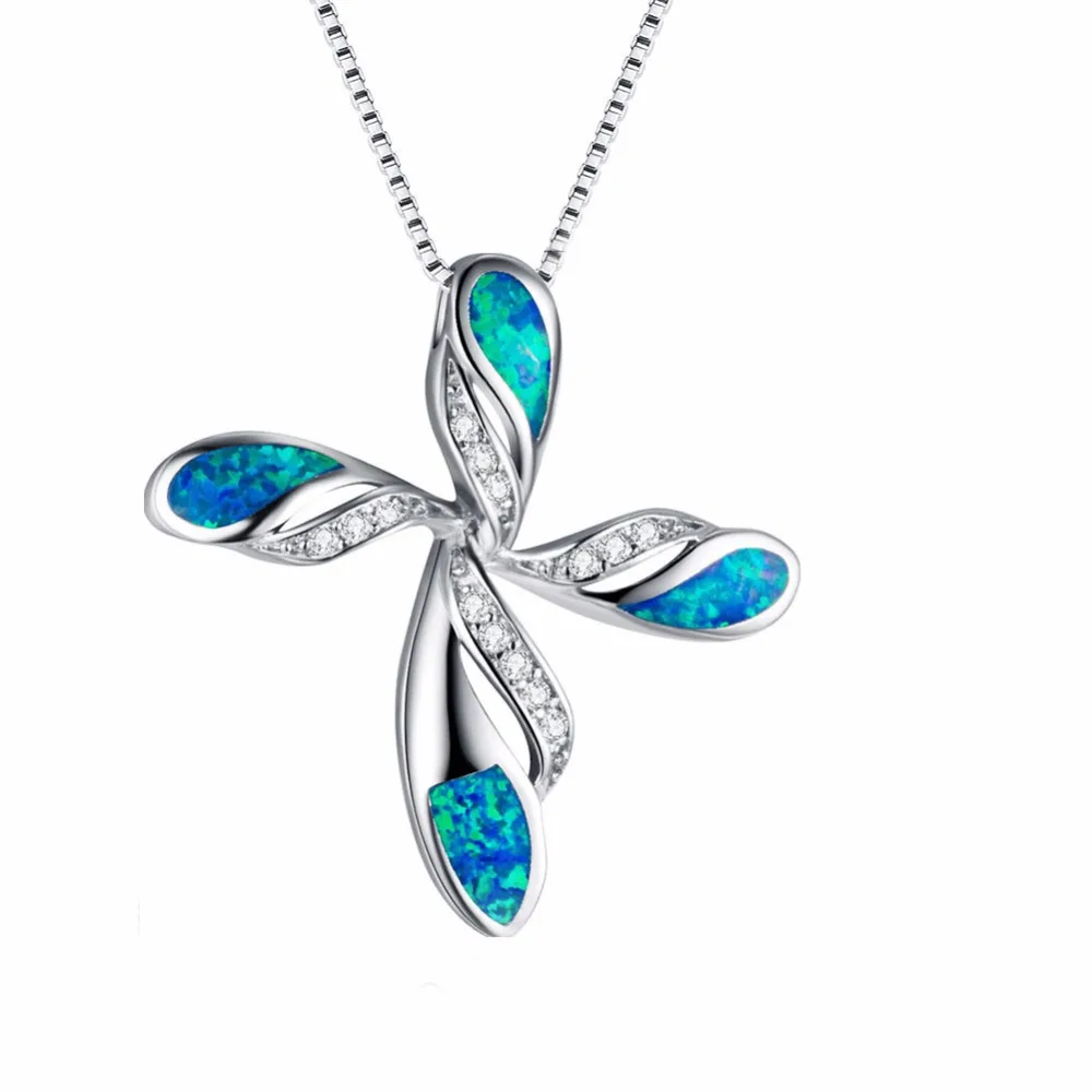 

Fashion Exaggeration 925 Silver Sterling Blue Fire Opal Flower Cross Necklaces & Pendants For Women Jewelry 2018