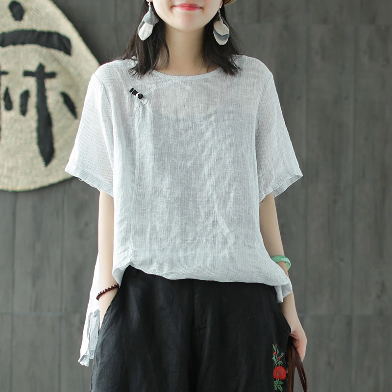 2018 new cotton and linen vintage style all match women spring summer T-shirt short sleeve chiffon tops | Женская одежда