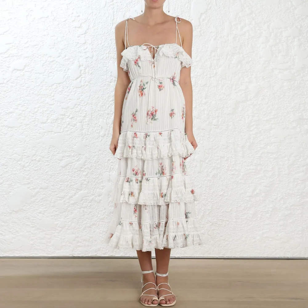 

HAMALIEL Summer Spaghetti Strap Boho Long Dress Women Cascading Ruffles Patchwork Lace Holiday Maxi Dress Slim Printing Dresses