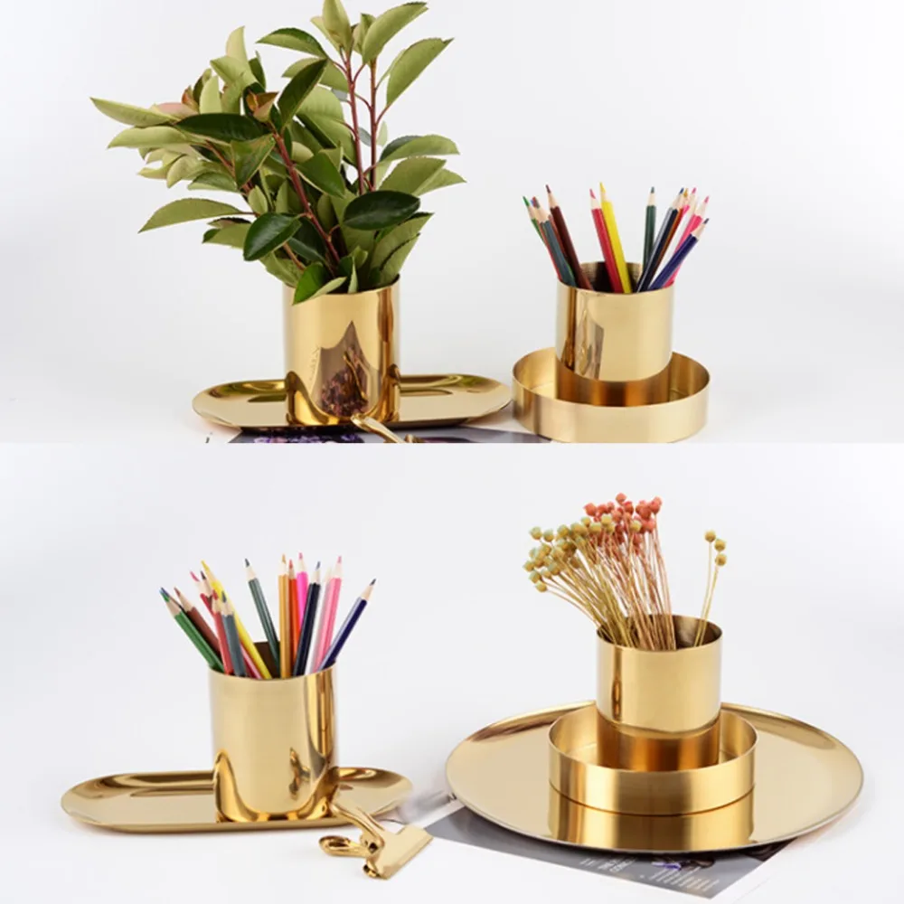 

Organizer Golden Flower Vase Metal Round Pen Brush Holder Cup Container Desktop Organizer Home Decoration Pen Box