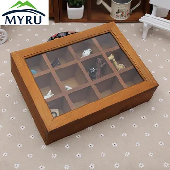 

Retro Desktop Wooden Storage Box with Glass Cover 12 Lattices Jewelry Sorting Wooden Box