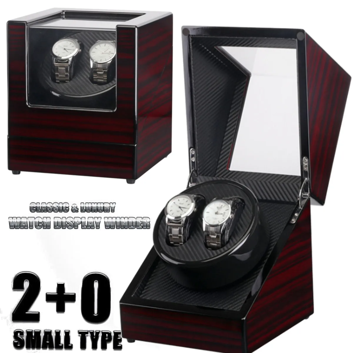

Double Watch Winders Wooden Lacquer Piano Glossy Black Carbon Fiber Quiet Motor Storage Display Watches Box US Plug