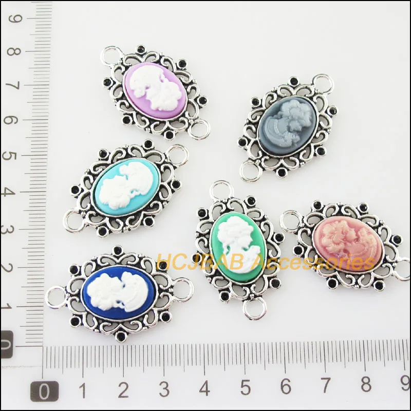 

6 New Oval Beauty Connectors Mixed Resin Charms Tibetan Silver Pendants 25x37mm