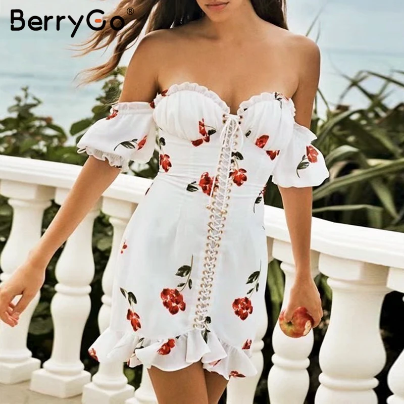 

BerryGo women dresses mini dress Sexy off shoulder print Lace up ruffle summer dresses Holiday beach female white vestidos 2019