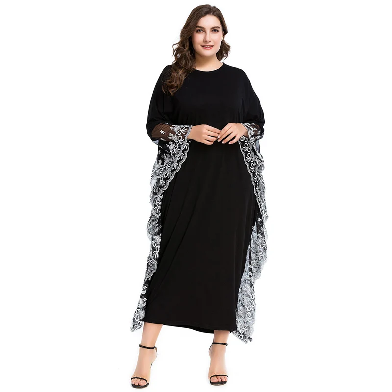 Кружевное мусульманское платье с широкими манжетами, черное платье с рукавом летучая мышь, Свободное длинное платье макси большого размера, исламские элегантные марокканские вечерние платья