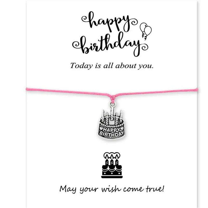 

2018 New Fashion Wish Card Bracelet As Birthday Gift Birthday Cake Charm Bracelets Single Wax strin Rope Knot Bracelet Jewelry