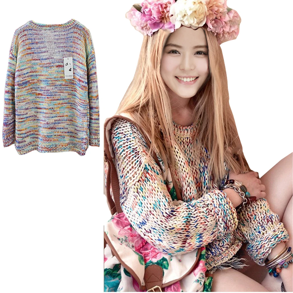 

Women Pullovers O-Neck Spring New fashion women casual cute Colorful long-sleeved Tops Girl's rainbow loose sweater