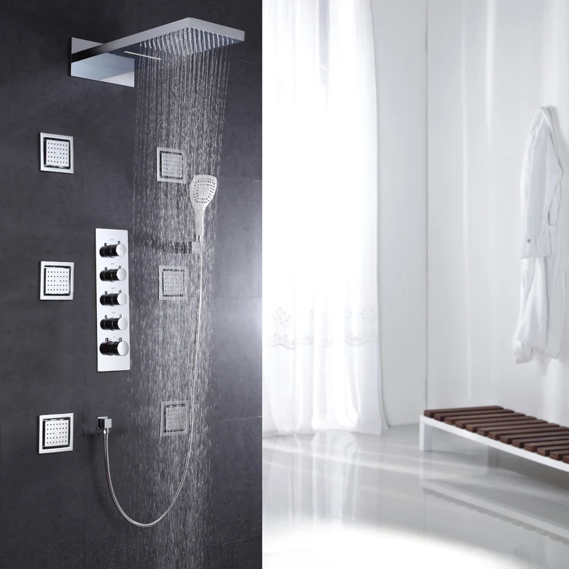 Германия DULABRAHE водопад и Дождь Ванная комната душевой смеситель; термостатический смеситель набор для ванной и душ клапан насадки для душа ручной душ