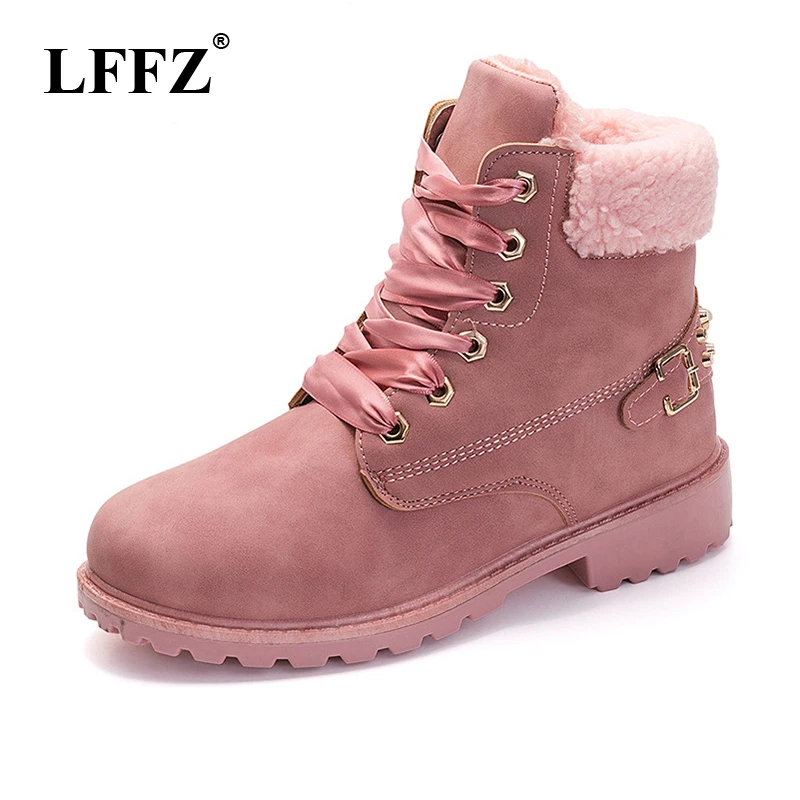 Tanie LFFZ nowe różowe buty damskie zasznurować solidne trzewiki w stylu casual okrągłe Toe buty damskie zimowe buty śniegowe brytyjski styl PP47
