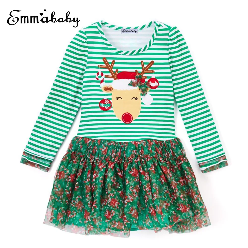 Осенний Рождественский костюм для малышей милые платья в стиле пэчворк с оленем для маленьких девочек одежда принцессы из сетчатой ткани с длинными рукавами