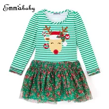 Осенний Рождественский костюм для малышей милые платья в стиле пэчворк с оленем для маленьких девочек одежда принцессы из сетчатой ткани с длинными рукавами