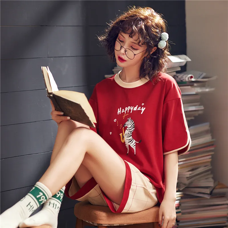 

2019 Summer women pijamas set Cute cartoon print short sleeve check shorts 2pcs lounge wear pijama verano mujer algodon pejamas