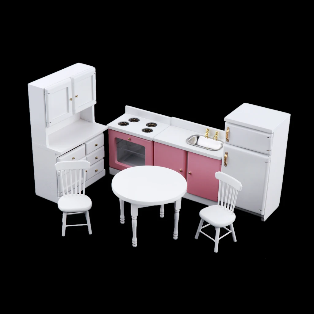 1/12 Scale Miniature Dollhouse Kitchen Furnitures Set Refrigerator, Table and Chairs, Cabinet, Countertop Decor