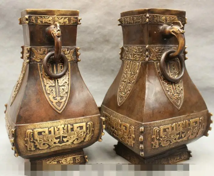 

S02667 12" Chinese Pure Bronze Dynasty Palace Dragon Lion Statue Pot Square Vase Pair