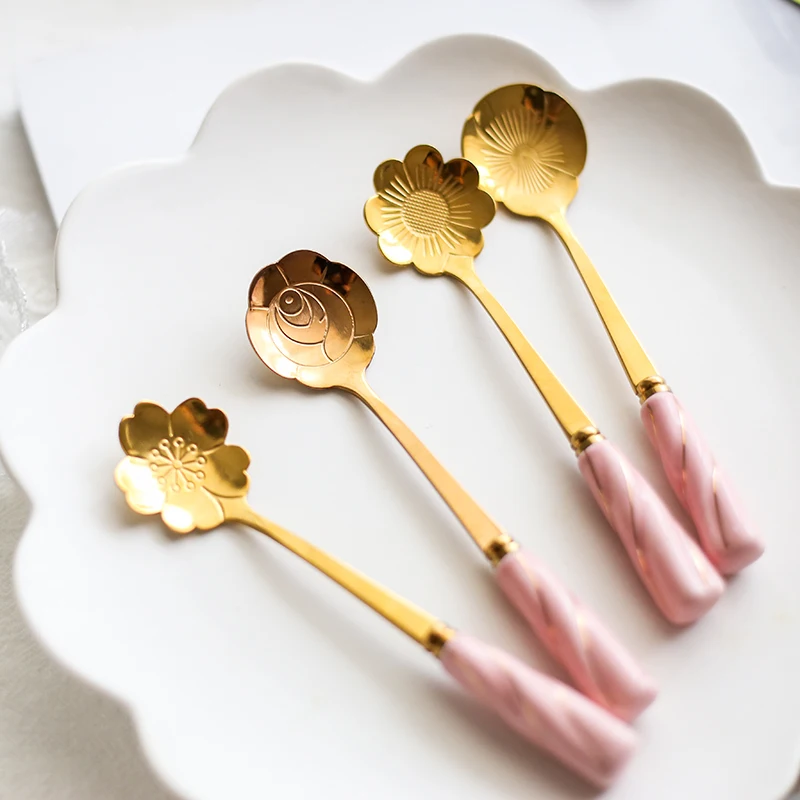 

1pcs Set Stainless Steel Luxury Gift Porcelain Coffee Stirring Spoon Gold Color Teaspoon Dessert Spoon Ice Cream Cutlery