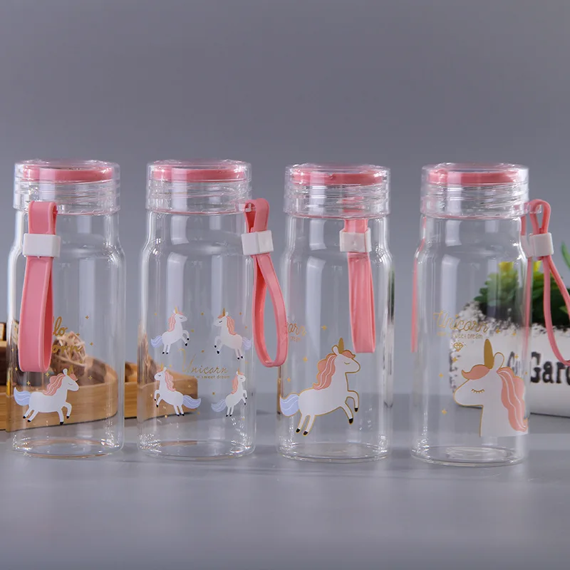 

300ml Cartoon Water Bottle Creative Animals Action Figure Printed Glass Unicorn Transparent Students Unisex Portable Cup Doll