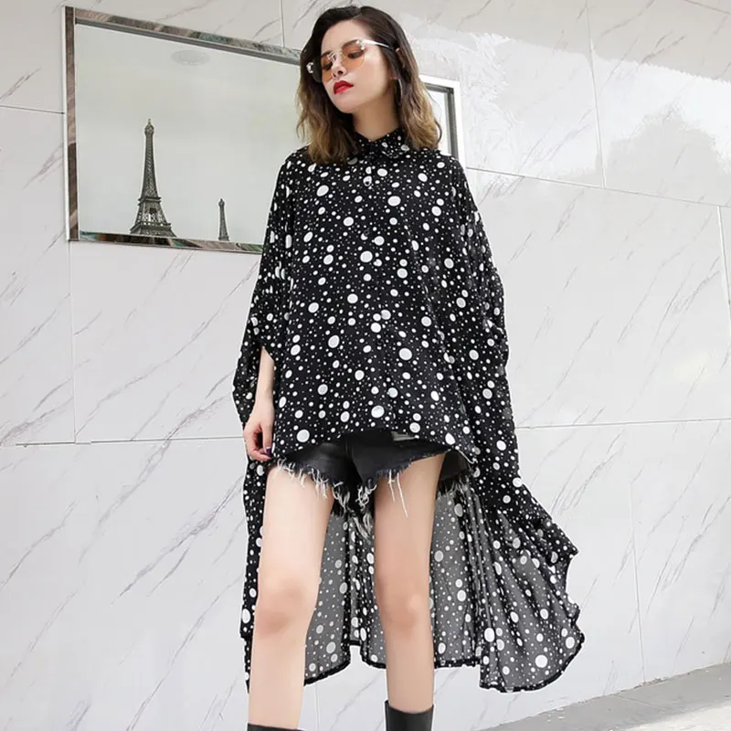 

2019 Summer Chiffon Black Women Shirts Blouses Batwing Sleeve Dot Asymmetry Loose Big Size Shirt Blouse Clothes Fashion New 294
