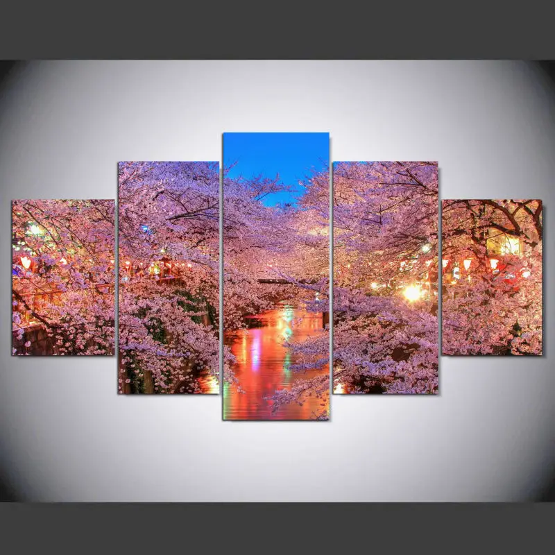 no frame 5 panel Modern Sakura River hd Art print canvas art wall