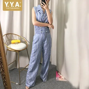 

Summer Womens Cotton And Linen Striped 2Pcs Sets Sleeveless Lapel Short Vests High Waist Full Length Wide Leg Pants Female Suits