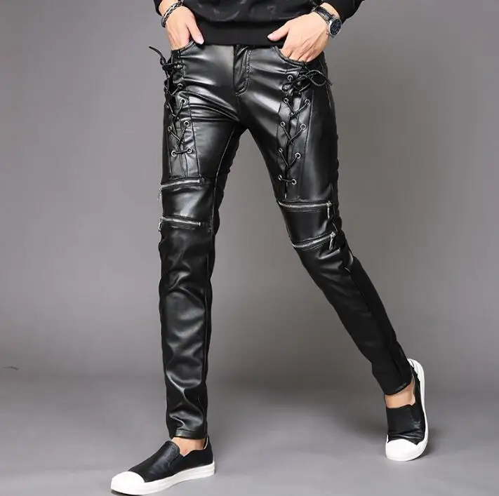 zipper black straps personality fashion motorcycle faux leather pants