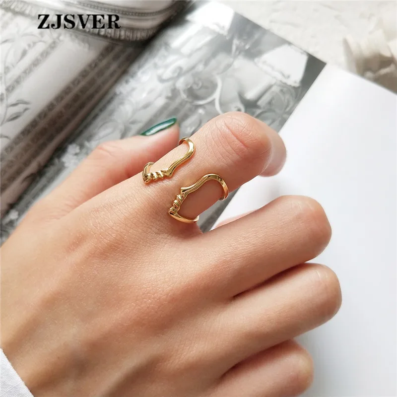 

ZJSVER Korean Jewelry 925 Sterling Silver Rings Golden Retro Simple Human Face Adjustable Women Ring For Party Or Festival Gift