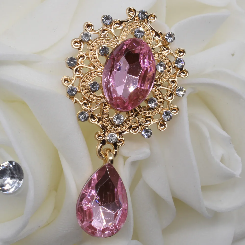 Mini Flower Brooch with Crystal Button Gold Flatback Wedding Wine Glass Ornament Decoration Crafts Scrapbooking 25x45mm 10PCs