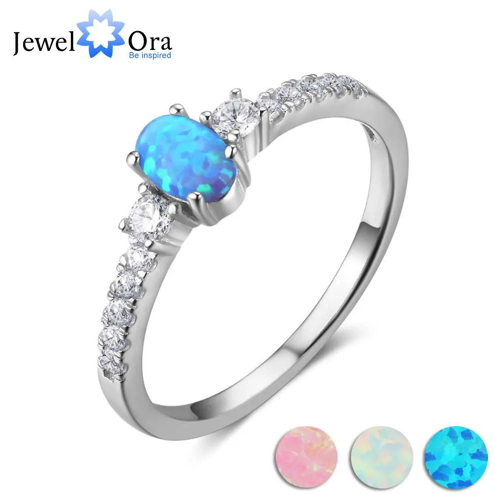 Soild 925 Sterling Silver Ring Oval Blue Opal Stone Elegant Wedding Jewelry Gifts For Women (JewelOra RI103627 )
