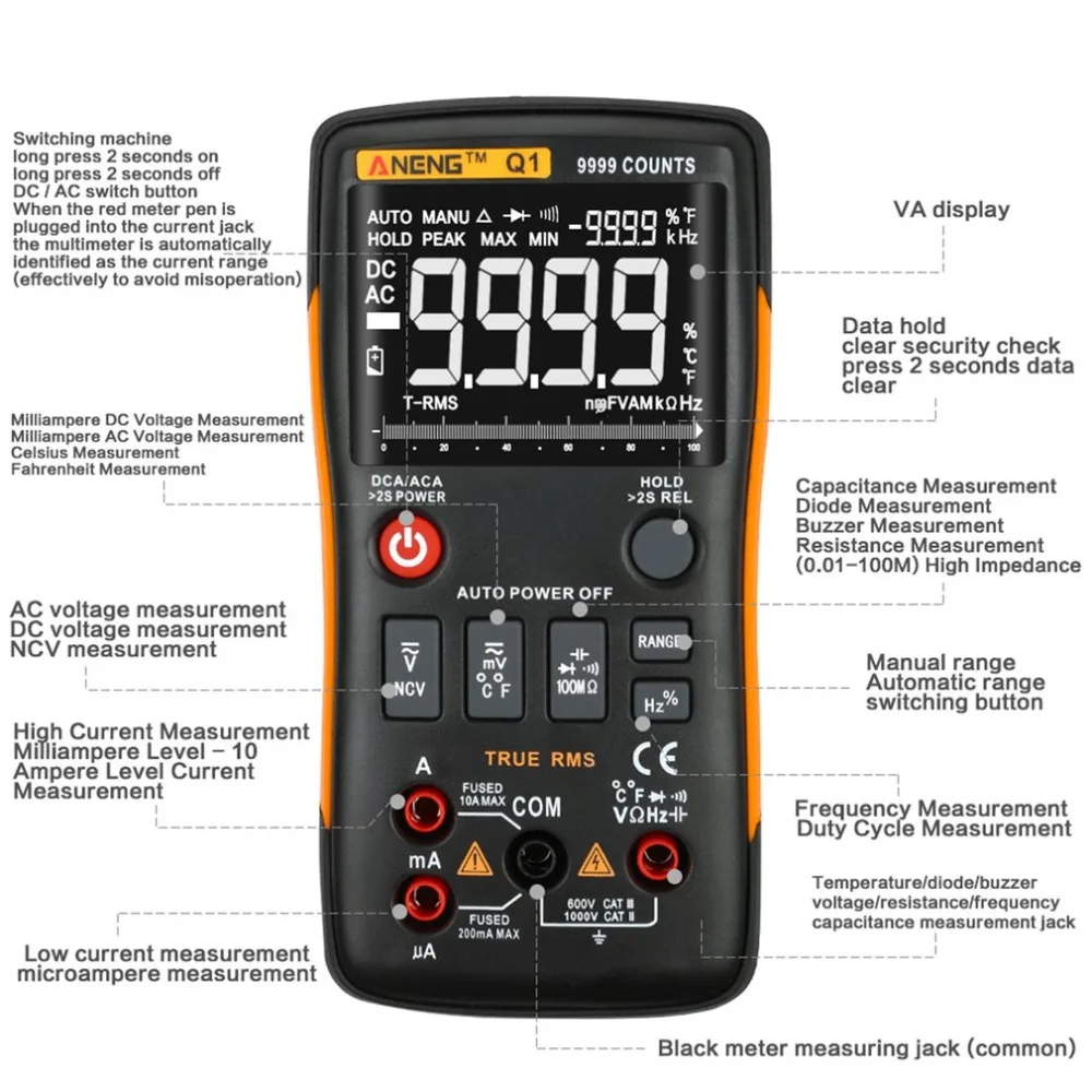 ANENG Q1 True-RMS цифровой мультиметр Кнопка 9999 отсчетов с аналоговым графом AC/DC Напряжение Амперметр Ток Ом Авто/руководство