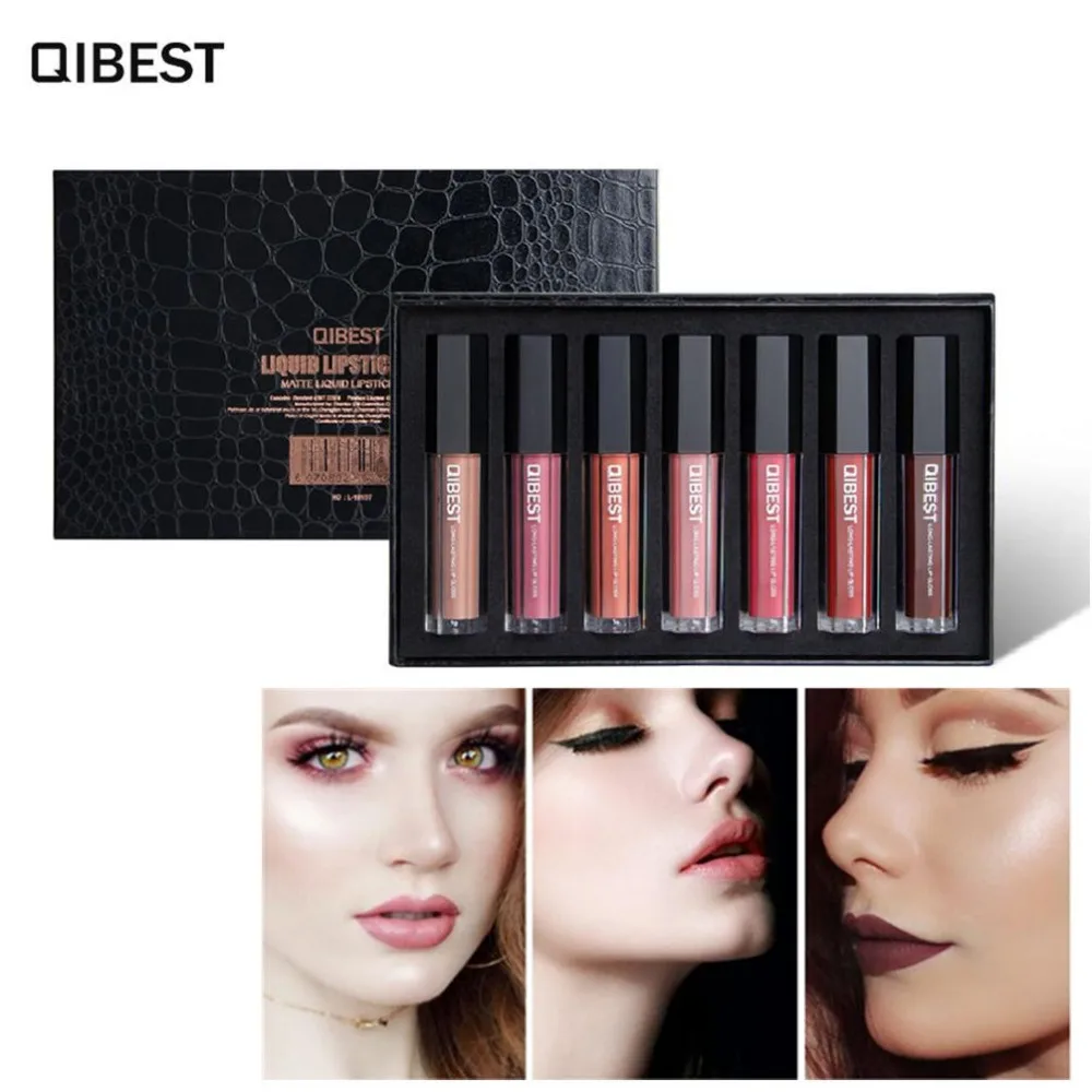 

QIBEST 7pcs/Box Brand Makeup Set Matte Liquid Lip Gloss Set Lasting Liquid lipstick Set Lip tint Sexy Color Leather Packaging
