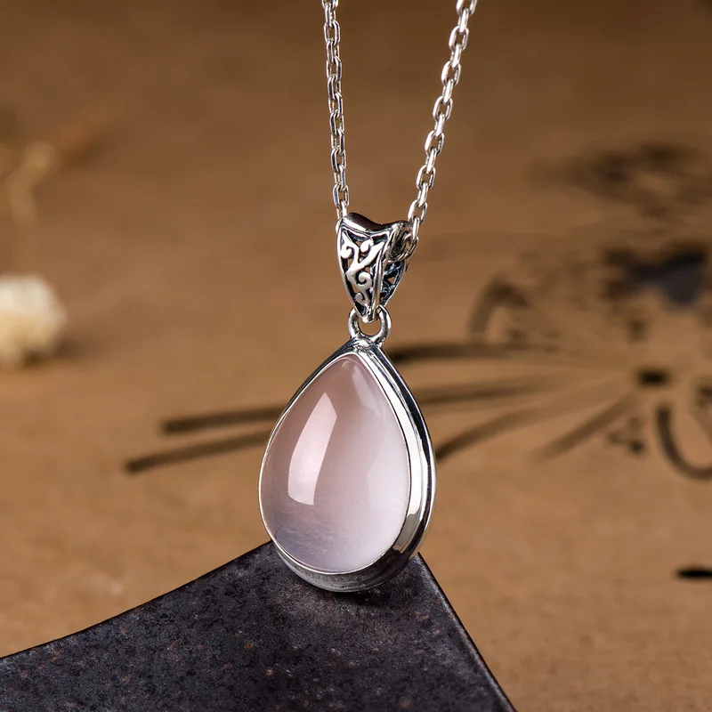 Настоящий 925 серебряный розовый кварц Подвеска для женщин натуральный драгоценный камень в форме капли воды ожерелья и подвески Colgante Mujer