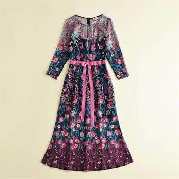 

Women dresses 2018 High Quality Runway O-Neck Full Sleeve Printed Patchwork Long Dress Vestidos DX0614