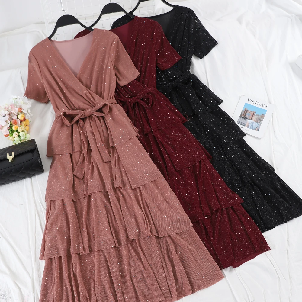 

Women Summer V-neck Short Sleeve Sequined Ruffles Dress Casual Lace Up Bandage Pullover Elastic Slim High Waist Layer Cake Dress