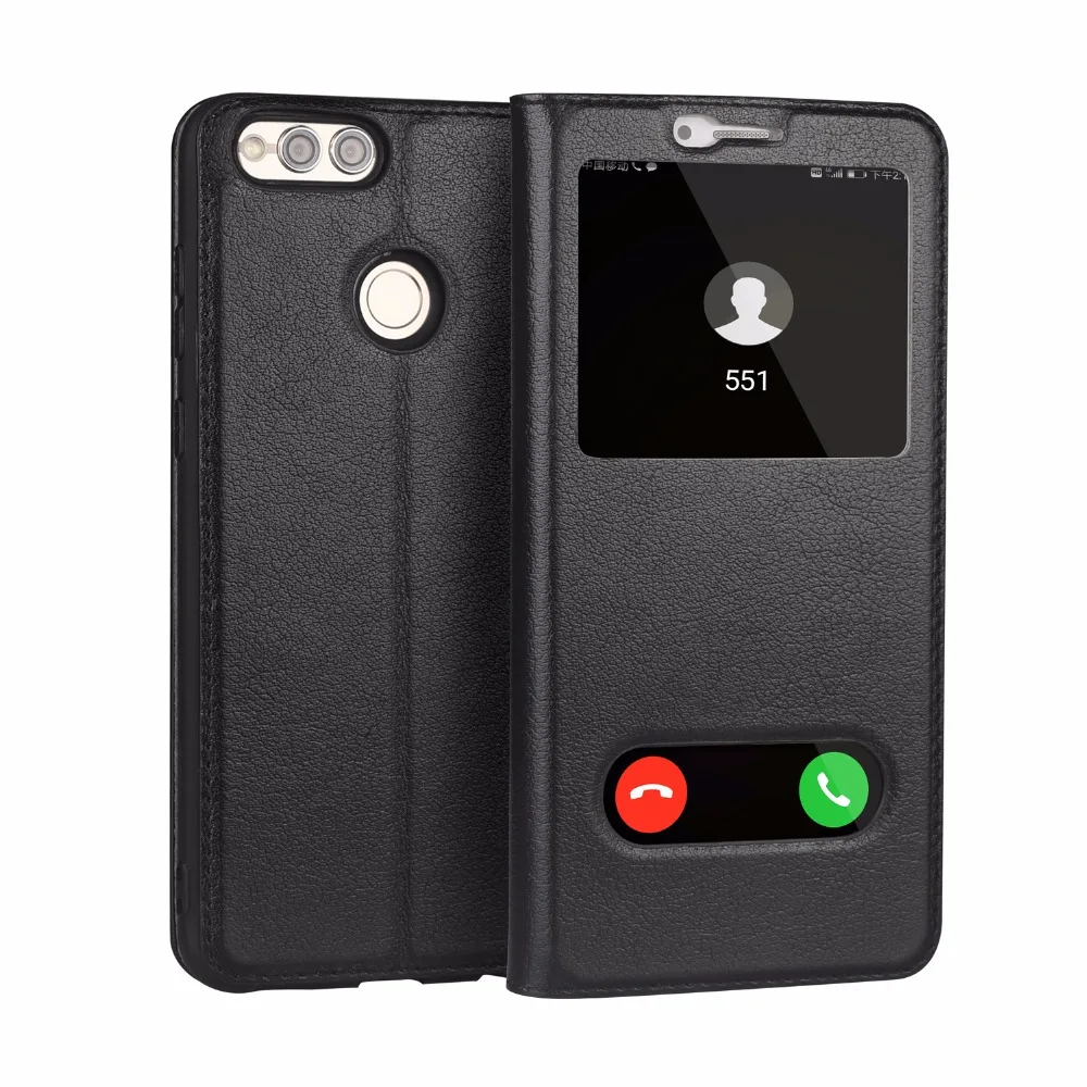 

CYBORIS For Huawei Honor 7X Case Genuine Real Cow Leather Case For Honor 7 X Funda Yak pattern double Window Stand Flip Cover