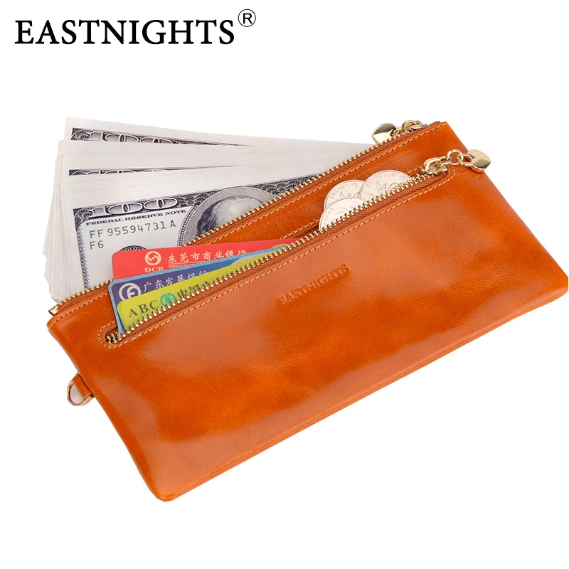 Женский Длинный кошелек EASTNIGHTS тонкий из натуральной яловой кожи на молнии с