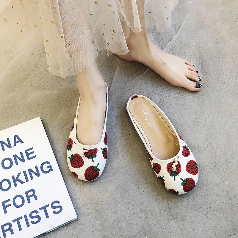 

Strawberry Pineapple Printed Flat Heel Mules 2019 Sweet Cute Lovely Slip On Slides Round Toe Summer Slippers Casual Flats Summer